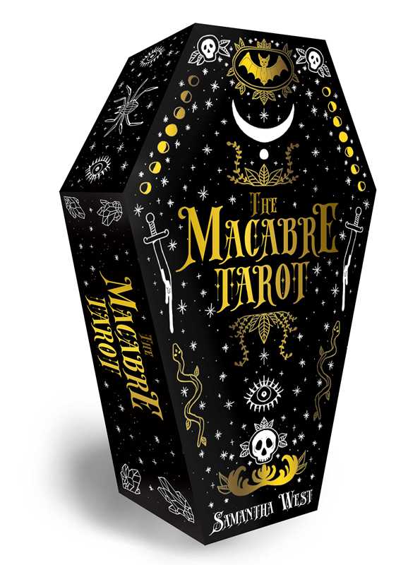 Coffin-shaped box for 'The Macabre Tarot' by Samantha West with black and gold design.