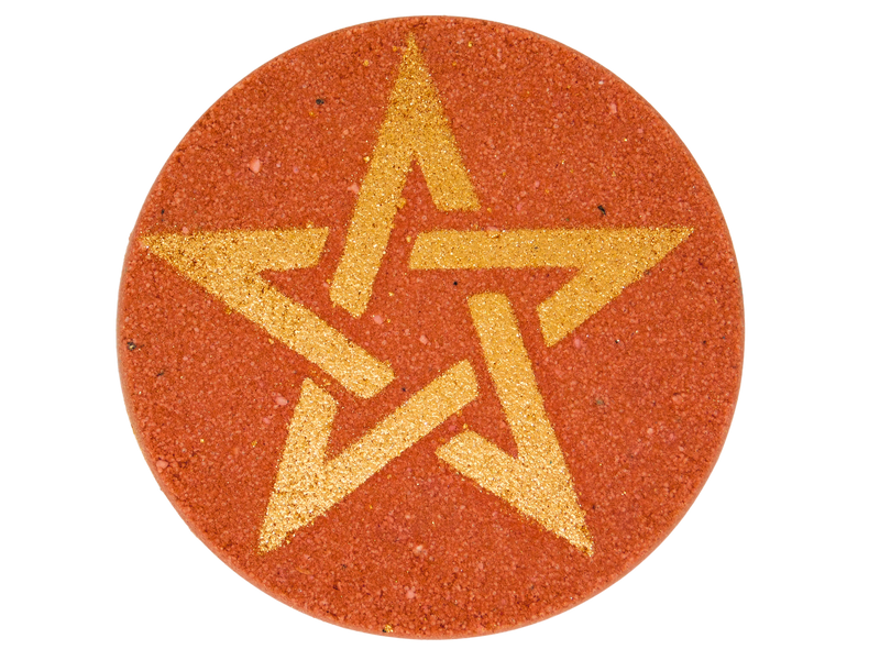 red circle bath bomb with gold star on  fropnt