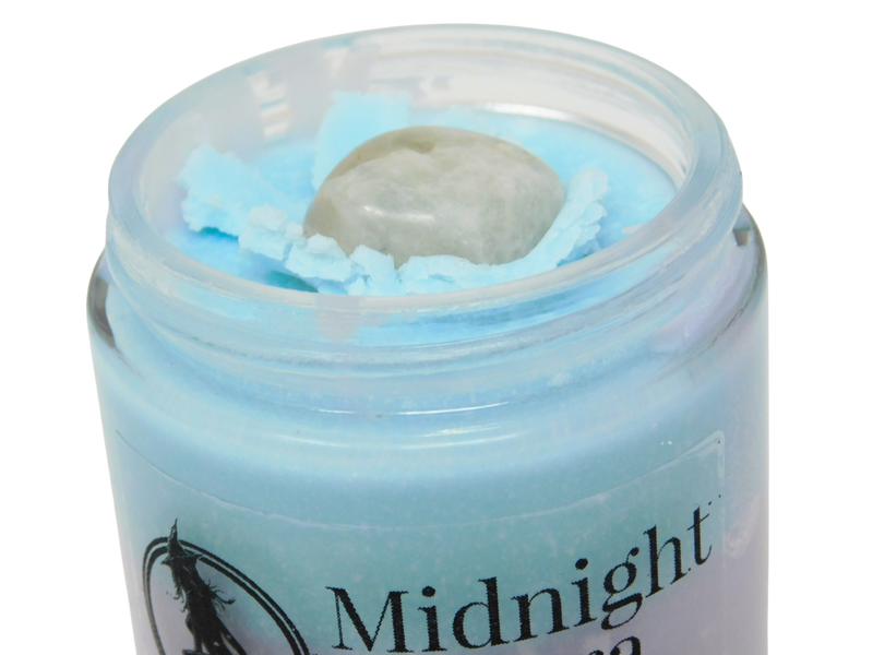 top view of midnight aura body butter highlighting the moonstone on top
