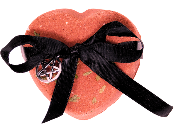 Heart-shaped object with a pentagram symbol and black ribbon on a white background