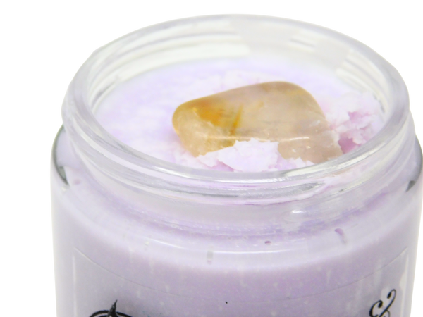 top view of the citrine on top of wine & tarot body butter
