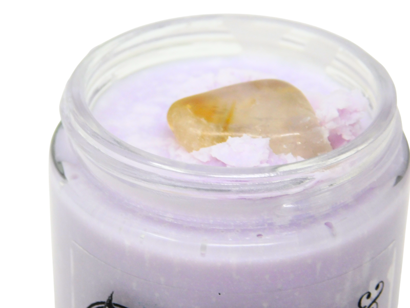top view of the citrine on top of wine & tarot body butter
